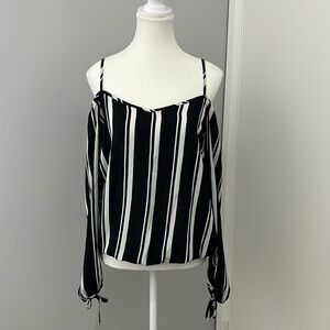 Dynamite Navy and White Striped Blouse with Cold Shoulder and Adjustable Straps